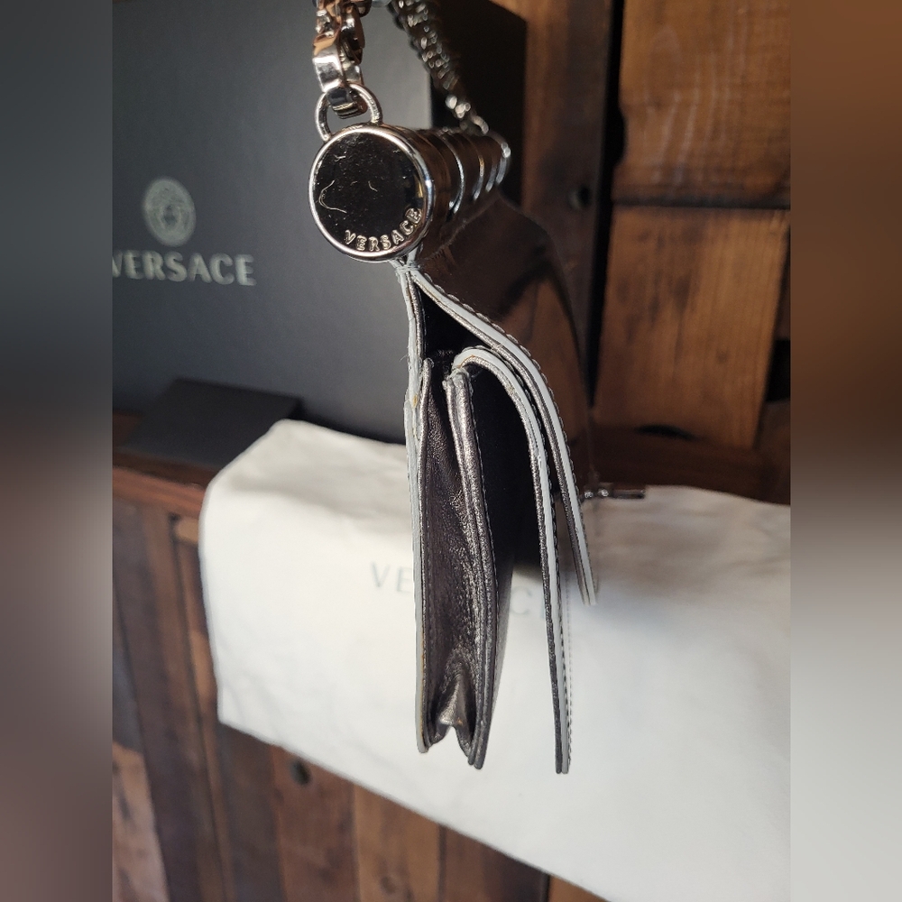 Versace Silver Mirrored Leather Flap Chain Shoulder Bag - Picture 10 of 16
